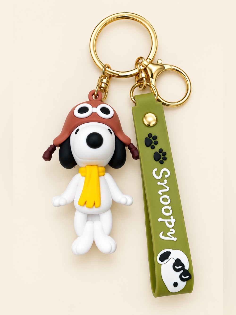 Unbranded Snoopy Aviator Keychain with Olive Strap & Yellow Scarf